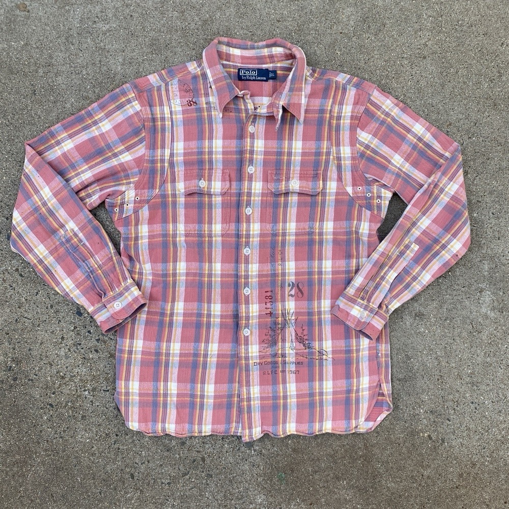 Polo Ralph Lauren Cotton Flannel Shirt Plaid Chinstrap Washed Pink/Salmon Large